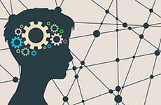 Head with cog diagram and geometric background