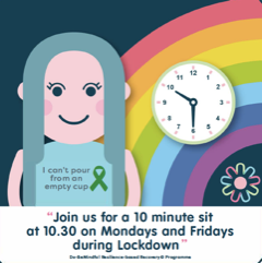 cartoon image 'I can't pour from an empty cup' T shirt on girl with clock behind 