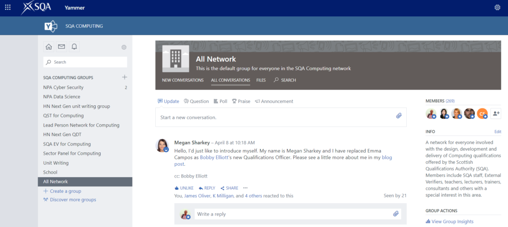 Screen shot of the yammer computing network